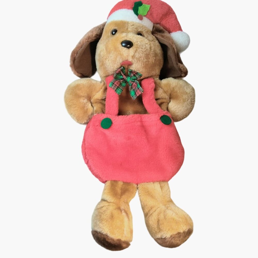 Santas Best Christmas Plush Dog Stocking Red Overalls Hat
